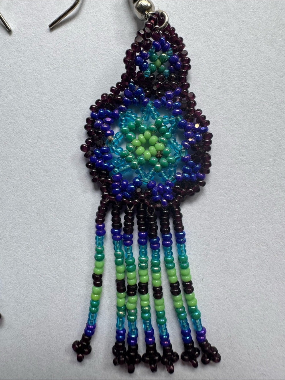 Handmade Blue & Green Beaded Fringe Earrings - Picture 3 of 4
